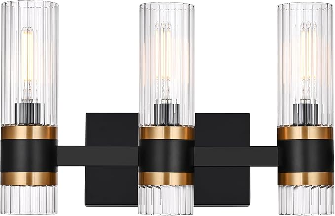 MELUCEE Black 3 Light Bathroom Vanity Light, Modern Vanity Lights Bathroom Light Bar with Ribbed Clear Glass Shade Indoor Wall Lights for Mirror Cabinet Kitchen Bedroom Hallway, E12 Base