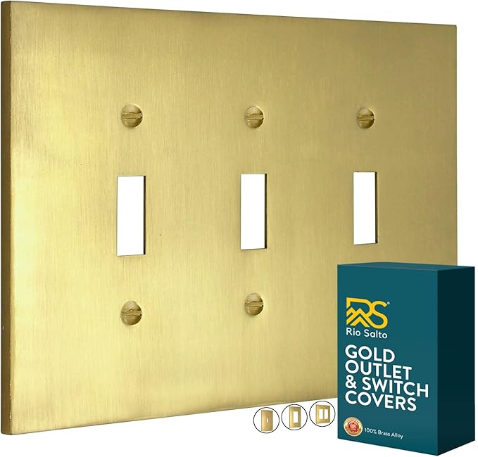 Rio Salto Modern Metal Brass Gold Triple Toggle Light Switch Cover Metal Decorative Toggle Switch Covers Wall Plate Outlet Electric Outlet Socket Triple Togle - Midsize 3 Gang