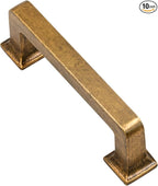 Alzassbg 10 Pack Antique Brass Cabinet Pulls, 3 Inch(76mm) Hole Centers Cabinet Handles Square Kitchen Hardware for Cabinets AL3046AE