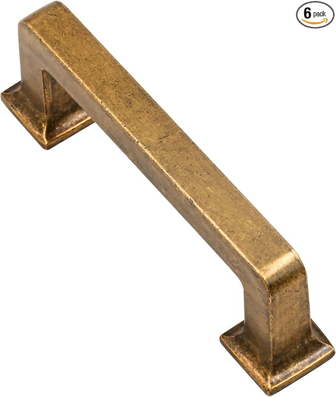 Alzassbg 6 Pack Antique Brass Cabinet Pulls, 3 Inch(76mm) Hole Centers Cabinet Handles Square Kitchen Hardware for Cabinets AL3046AE