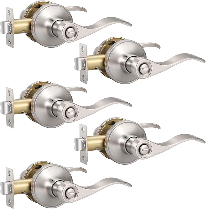 Knobonly 5 Pack Satin Nickel Privacy Door Levers Interior Door Handles for Bedroom and Bathroom Door Knobs Keyless Privacy Door Handles with Lock, Zinc Alloy Reversible for Right/Left