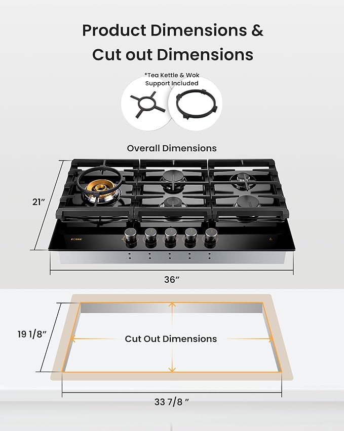 FOTILE GLG36501 36” Black Tempered Glass 5-Burner Gas Cooktop, Tri-Ring 18,000 BTUs Left Burner with Flame Failure Protection Removable Grates and Installation/LP Kit