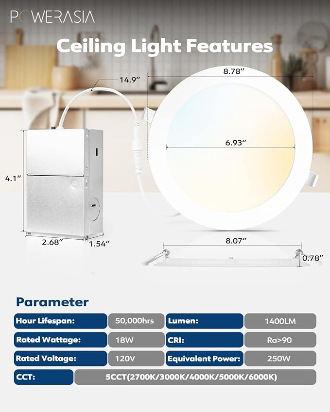 6 Pack Recessed Lighting 8 Inch with Junction Box, 5CCT 8 Inch LED Recessed Lights Dimmable 2700K/3000K/4000K/5000K/6000K, 18W 1400lm Ultra Thin Recessed Lighting - ETL and Energy Star Certified