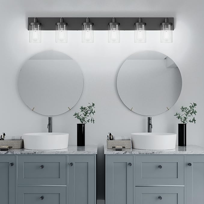 Aipsun 48in Vanity Light Black Bathroom Vanity Lighting Fixtures 6 Light Bathroom Light Fixtures with Clear Glass Shade(Exclude Bulb)