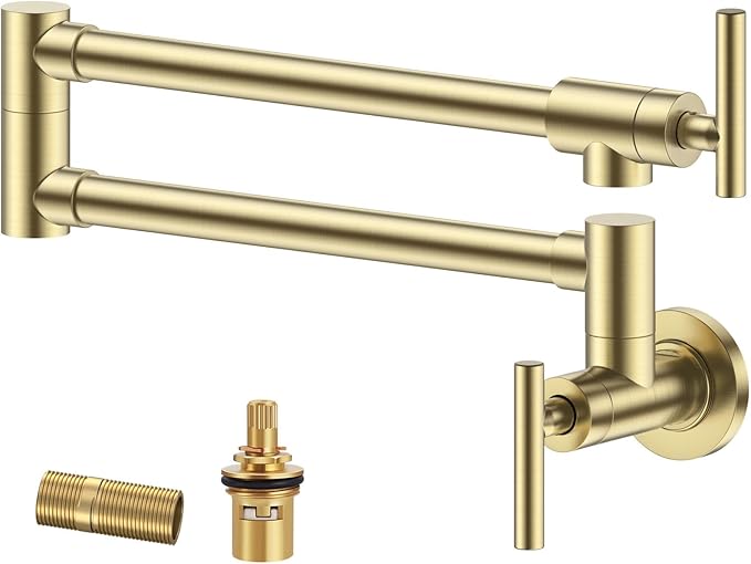 FORIOUS Gold Pot Filler Faucet Over Stove, Solid Brass Modern Wall Mount Commercial Folding Faucet with Stretchable Double Joint Swing Arms for Kitchen Restaurant