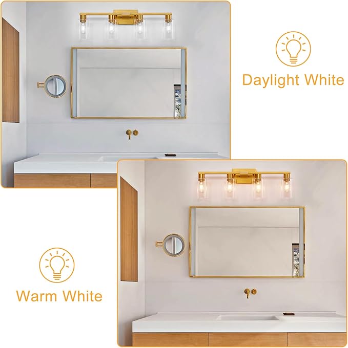 Brushed Gold Bathroom Light fixtures, Gold Vanity Light with Clear Glass Shades,Living Room Bedroom Hallway,Bathroom Lights Fixtures Over Mirror