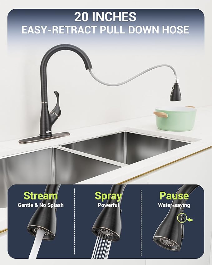 APPASO Kitchen Faucet with Pull Down Sprayer Oil Rubbed Bronze, Single Handle High Arc Pull Out Spray Head Kitchen Sink Faucet with Deck Plate