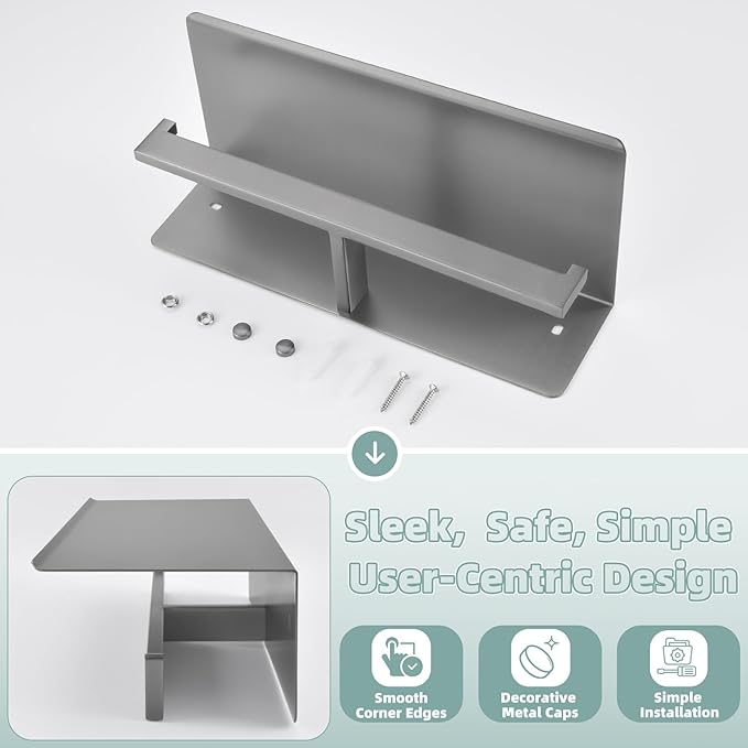 APLusee Gunmetal Gray Double Toilet Paper Holder with Shelf, 304 Stainless Steel Bathroom Tissue Roll Holder, Wall Mounted Paper Dispenser for Bathroom Kitchen, Fits Mega Rolls