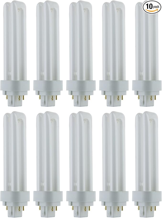 Sunlite Compact Fluorescent PLD 4-Pin Double U-Shaped Twin Tube, 18 Watts, 120 Volts, 1080 Lumens, 5000K Daylight, 4-Pin G24q2 Base, 10 Pack