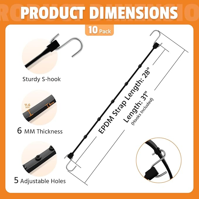 Adjustable 31" Rubber Bungee Cords with Hooks, EPDM Bungee Cord with 150% Max Stretch, Heavy Duty Bungee Straps for Securing Tarps, Canvases, Cargo, Motorcycle, Weatherproof, Pack of 10