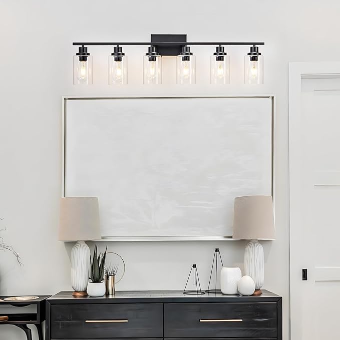 6 Light Bathroom Light Fixtures Black Vanity Light Over Mirror Modern Farmhouse Wall Lighting Sconces Wall Lamp for Bathroom, Bedroom, Living Room E26 Socket with Glass Shade
