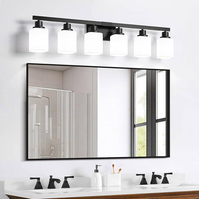 6 Light Bathroom Vanity Light, Modern Matte Black Bathroom Light Fixtures with Square Frosted Glass, Wall Sconces fixtures Over Mirror Restroom,Living Room Hallway E26