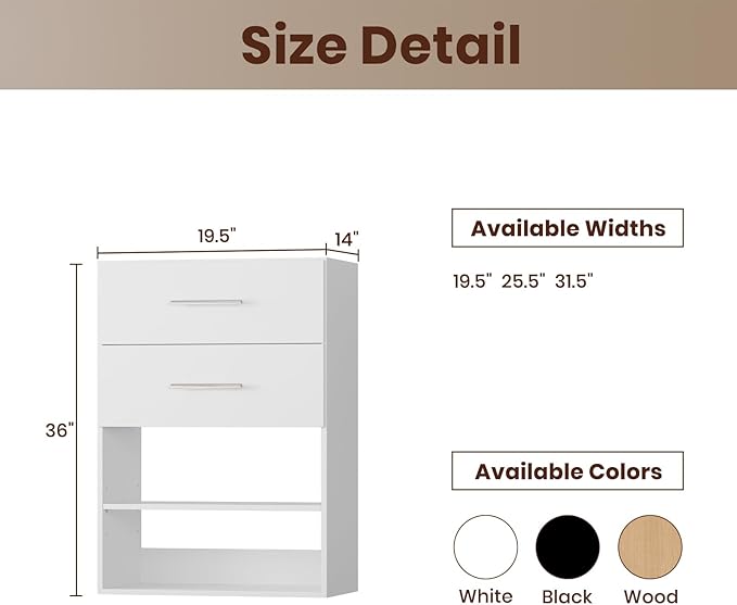 ROOMTEC 19.5" 2 Drawer Short Tower Closet Unit, Modular Closet System with Drawers and Shelf, Wardrobe Organizer for Bedroom or Walk-in Closet, Wall Mounted, Customizable Clothes Storage Unit, White