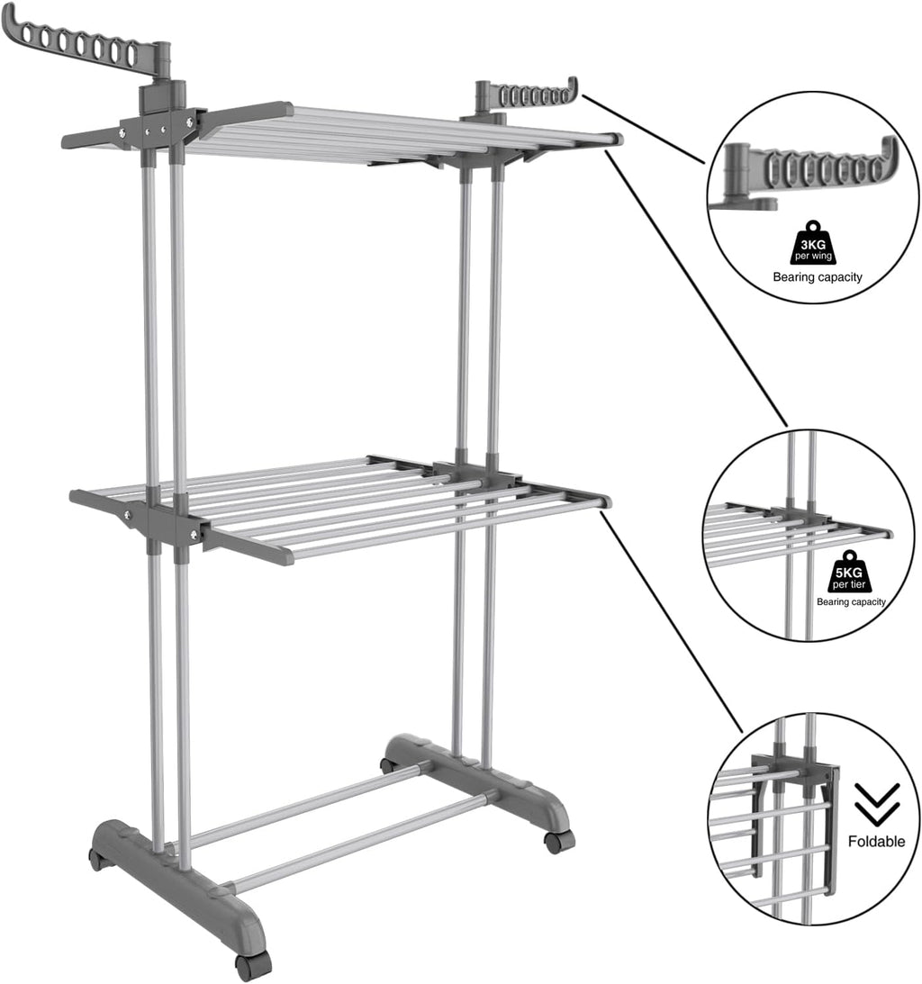 Bigzzia 3 Tier Clothes Drying Rack, 57 Inch Laundry Drying Rack, Foldable Stainless Steel Kids Clothing Rack, Movable Laundry Rack for Indoor Outdoor - Grey