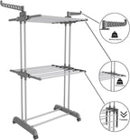Bigzzia 3 Tier Clothes Drying Rack, 57 Inch Laundry Drying Rack, Foldable Stainless Steel Kids Clothing Rack, Movable Laundry Rack for Indoor Outdoor - Grey