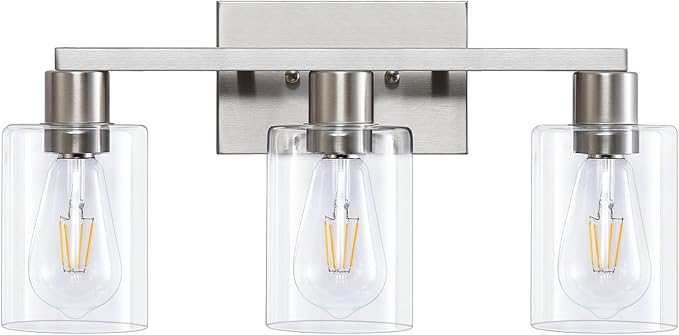 3-Light Vanity Lights,Brushed Nickel Vanity Light,with Clear Glass Shade for Bathroom Light Fixtures, Bathroom Light Fixtures Over Mirror