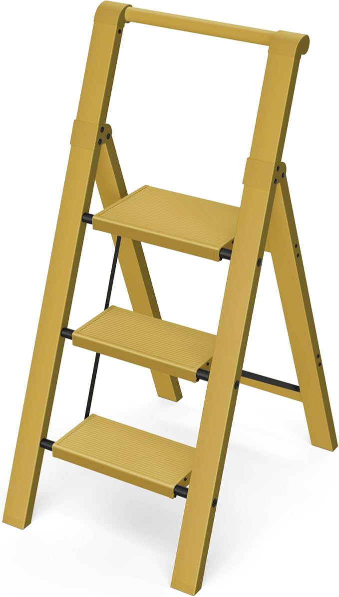 Taranta 3 Step Ladder, Lightweight Aluminum Step Stool with Convenient Handgrip, Folding Ladder with Anti-Slip Pedals, 330lbs Capacity Stepladder for Home, Office, Kitchen - Twilight Yellow