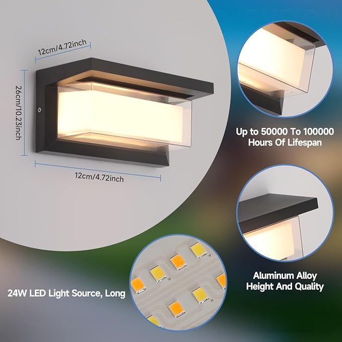 Outdoor Wall Lights 2Pack LED 3 Color Outdoor Light Fixture Wall Mount Exterior Lights 2100Lm IP65 Exterior Wall Sconce，Rustproof Sconce with Double Shade, Matte Black Light for Porch