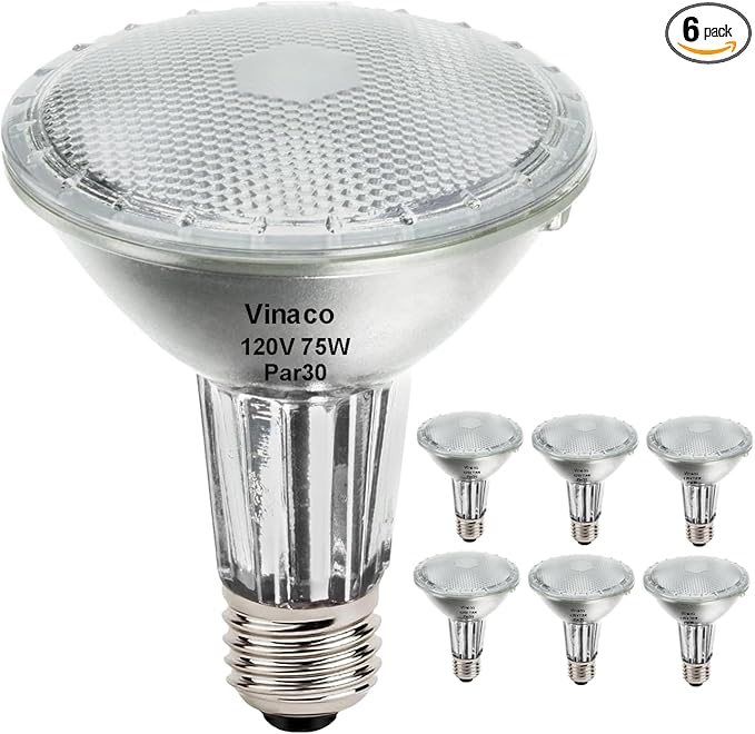 Vinaco PAR30 Long Neck 75W, 6 Pack Long Lasting PAR30 Halogen Flood Light Warm White 2800K, PAR30 Dimmable, High Output par30 Flood Light Bulb 120V with E26 Base for Indoor/Outdoor