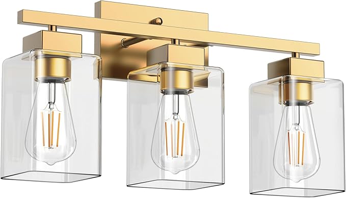 PARTPHONER 3-Light Bathroom Light Fixtures, Brushed Gold Modern Vanity Lights, Bathroom Lighting Fixtures Over Mirror, Square Design Farmhouse Wall Sconces with Clear Glass Shades
