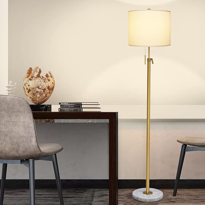 【Upgrade】 Gold Floor Lamps for Living Room, 55"-67" Height Adjustable Modern Standing Lamp with Marble Base, Pull Chain Switch, 3-Way Dimmable Tall Pole Lamp for Bedroom Office Reading, Bulb Included