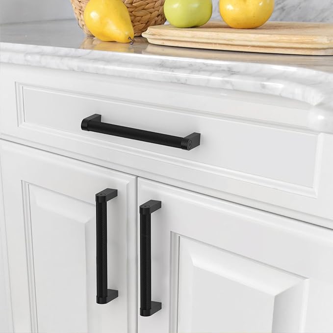 Amerdeco 10 Pack Matte Black knurled Cabinet Pulls 5 Inch Hole Centers Kitchen Cabinet Handles Hardware Kitchen Handles for Cabinets Handles ZH0064