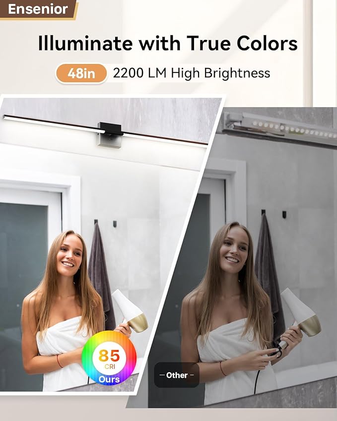 Ensenior Modern Bathroom Vanity Light 48 inch, Built-in Dimmer, 28W Dimmable 5CCT Led Bath Lights, Black Bar Vanity Lights for Bathroom Mirror Cabinets Bedroom-FCC Certificated