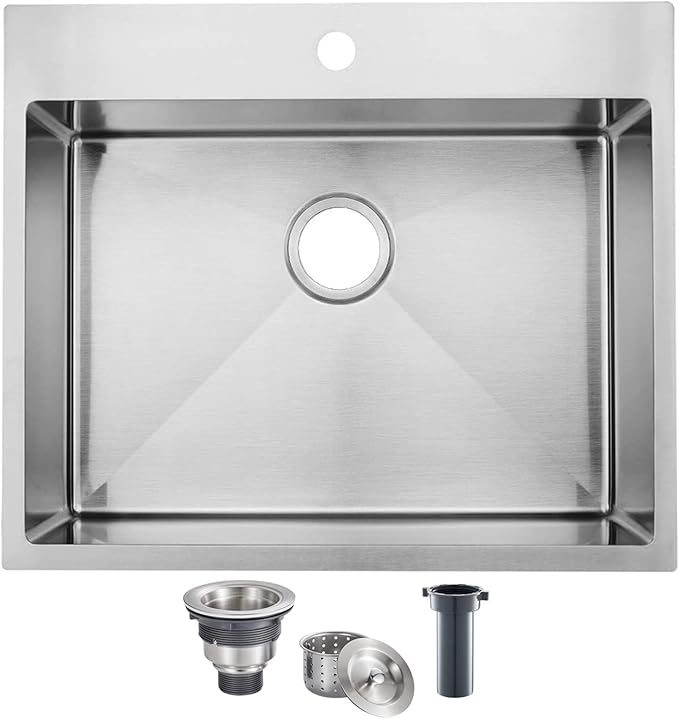 SHACO 25x22 Inch Drop In Kitchen Sink, Top Mount 16 Gauge 304 Stainless Steel 25 Inch Drop In RV Laundry Utility Sink, Brushed Nickel Single Bowl Sink Topmount Overmount Sinks with Drain