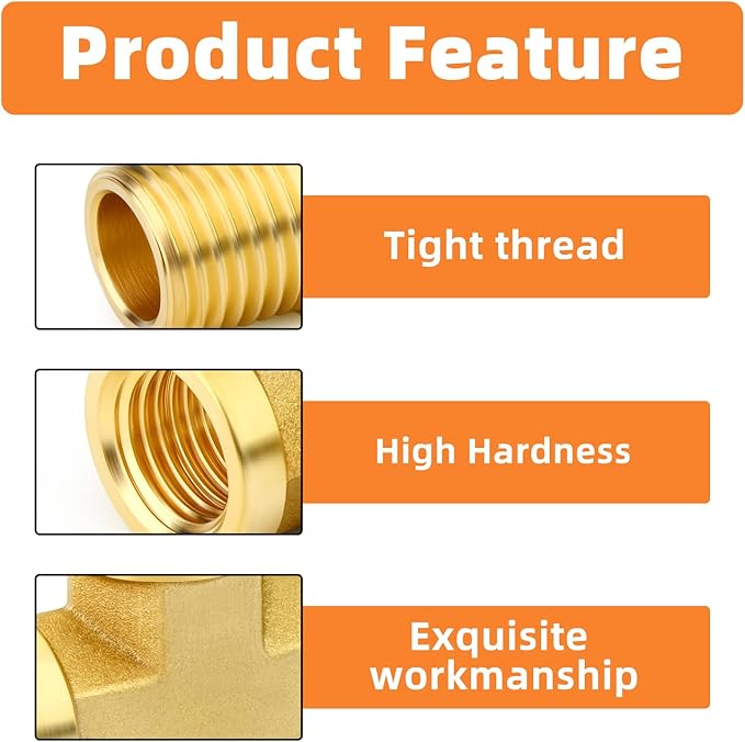 GASHER 4PCS Brass Tee Pipe Fittings, 1/2" NPT Female x 1/2" NPT Female x 1/2" NPT Male Pipe Fittings, Male Run Tee