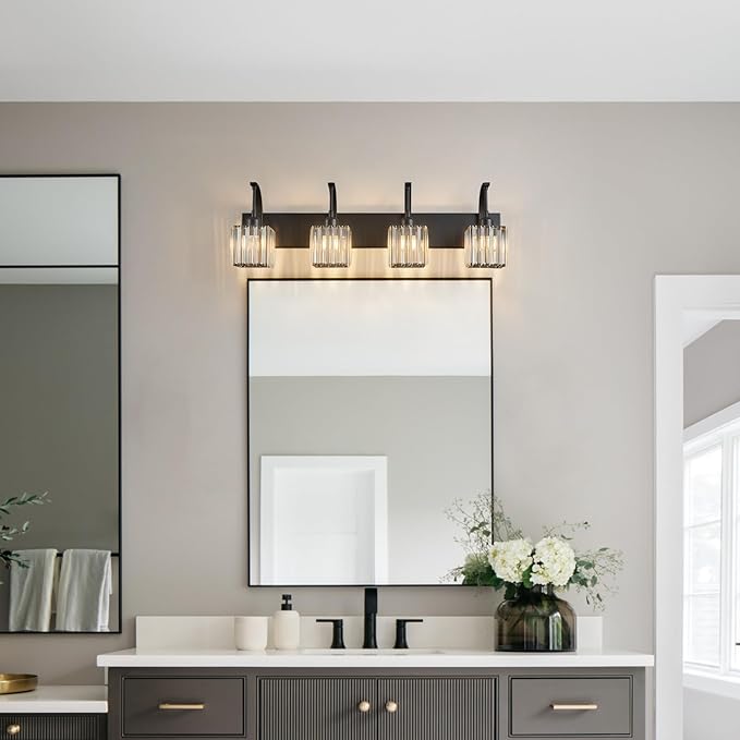 Crystal Vanity Lights 4-Light Black Bathroom Vanity Lights Modern Crystal Bathroom Light Fixtures Over Mirror 32.67" Long Vanity Light for Bathroom
