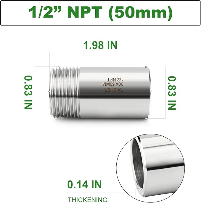 TAISHER 2PCS 304 Stainless Steel Pipe Fittings, 1/2" NPT Male Threaded, 2" Length Weld Nipple Cast Pipe