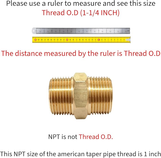 1 Inch x 1 Inch NPT Brass Hex Nipple Male Pipe Adapter, Thread OD 1-1/4", (1 Piece)