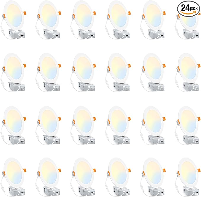 BesLowe 24 Packs 6 Inch 5CCT LED Recessed Ceiling Lights Ultra-Thin with Junction Box, 12W 150W Eqv, 3000K/3500K/4000K/5000K/6500K, 1200LM Dimmable Canless Downlights for Kitchen Hallway Dining Room