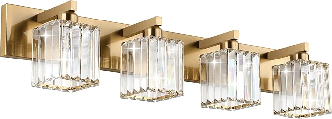 Aipsun Bathroom Lighting Fixtures Modern Crystal Vanity Light Brass 4 Light Bathroom Vanity Light (Exclude Bulb)