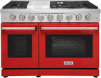 48 inch Pro-Style Natural Gas Range or Liquid Propane Gas Range with 6 Burners & 1 Griddle Cooktop, Double 4.6 cu. ft. and 2.2 cu. ft. Oven, in Stainless Steel - KOS-48RG03M (Red)
