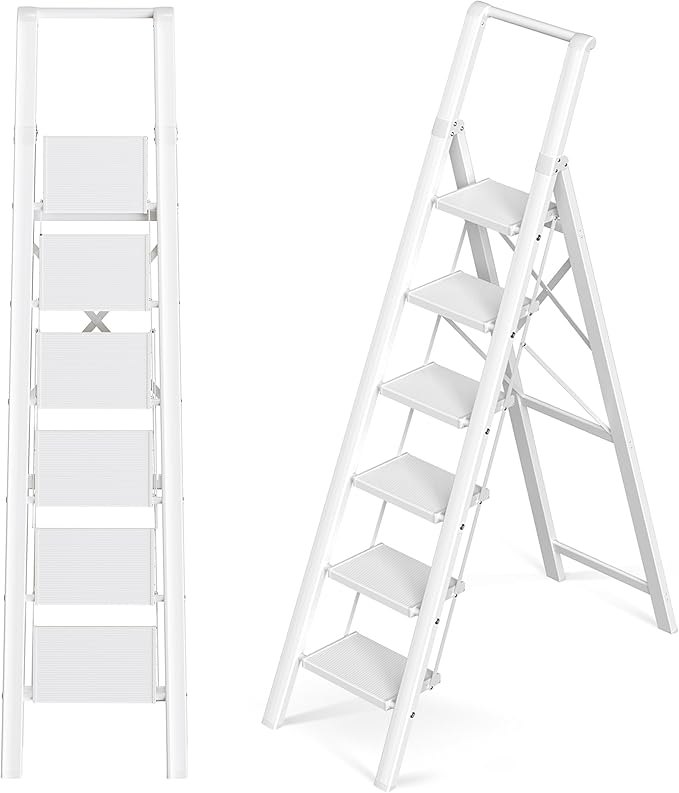 GameGem Step Ladder 6 Step Folding, Aluminum Ladders for High Ceilings, Tall Closet, Cabinet, 6 ft Lightweight Step Ladder with Anti-Slip Foot for Home Use, 330Lbs Load, White