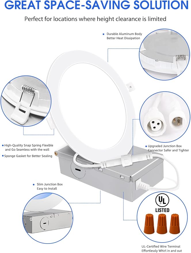 24 Pack 6 Inch Ultra-Thin LED Recessed Ceiling Light with Junction Box, 5000K Daylight, 12W 110W Eqv, Dimmable Canless LED Recessed Light, 1050LM High Brightness Wafer Downlight- ETL&FCC Certified