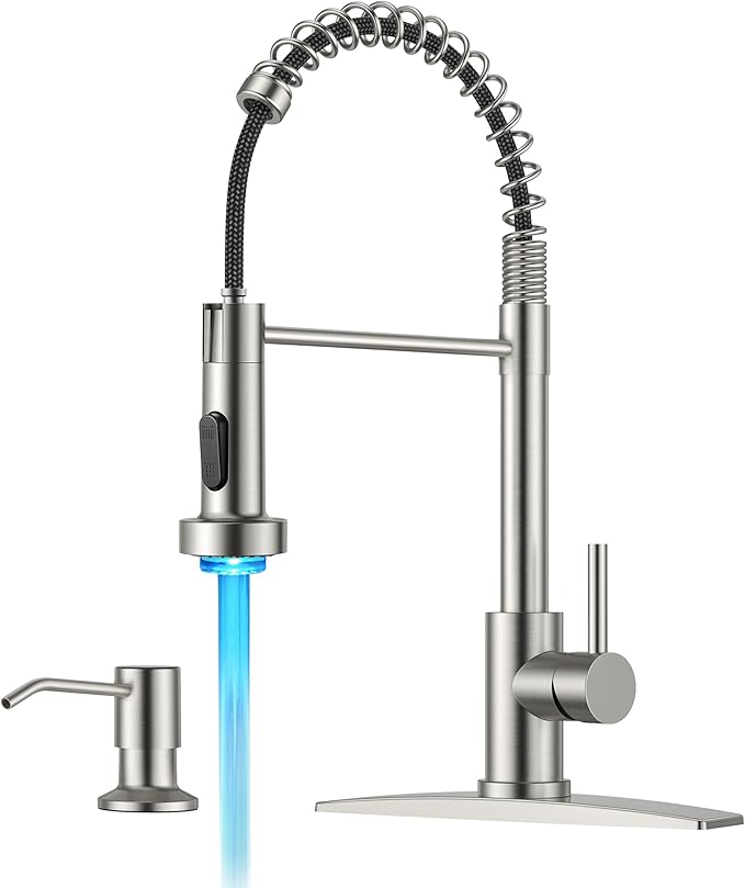 FORIOUS LED Kitchen Faucet with Soap Dispenser, Brushed Nickel Stainless Steel Traditional Spring Commercial Pull Out Sink Faucet with Pull Down Sprayer for Laundry RV Camper Bar Farmhouse