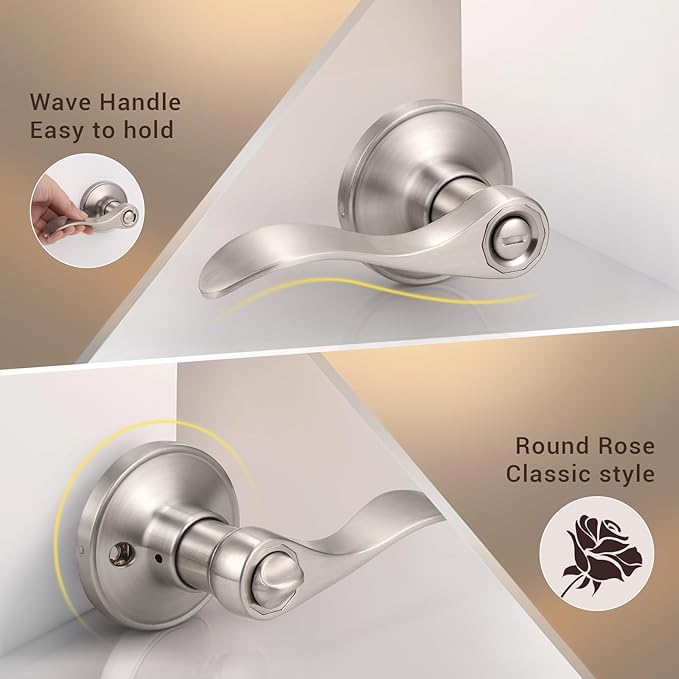 Knobonly 3 Pack Satin Nickel Privacy Door Levers Interior Door Handles for Bedroom and Bathroom Door Knobs Keyless Privacy Door Handles with Lock, Zinc Alloy Reversible for Right/Left