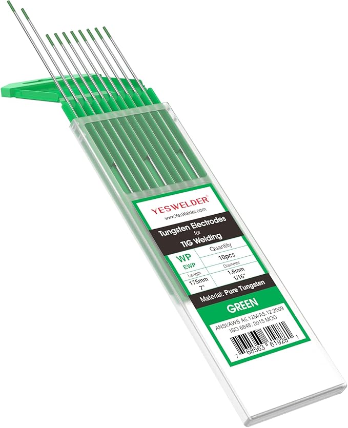 YESWELDER TIG Welding Tungsten Electrode Pure Tungsten 1/16" x 7" (Green, EWP) 10-pk
