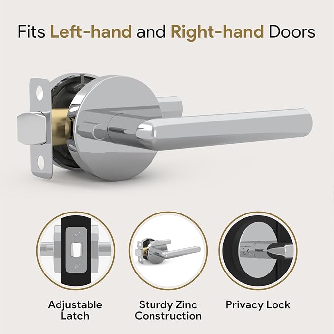 Mega Handles Ronn Privacy Lever & Lock Door Handle Set for Hallway, Closet and Bathroom, Keyless Lock, Heavy Duty Door Levers, Fits All Standard Door Sizes, Screws Included - Polished Chrome (1 Pack)