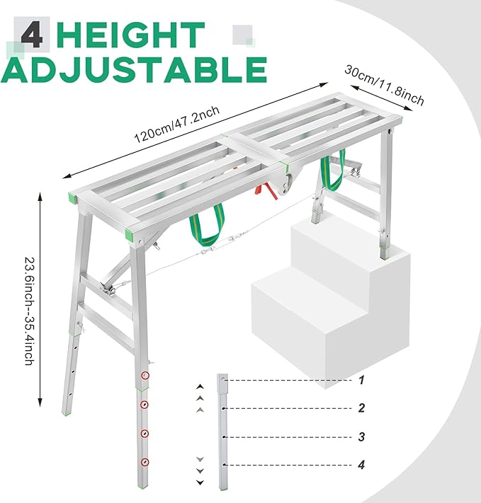 Zonon 47" L x 11.8" W x 24" to 35" H Folding Work Platform Portable Scaffolding Step Stool 4 Height Adjustment 400 Lbs Load Capacity Non Slip Work Platform Ladder for Home Drywall Cleaning Painting