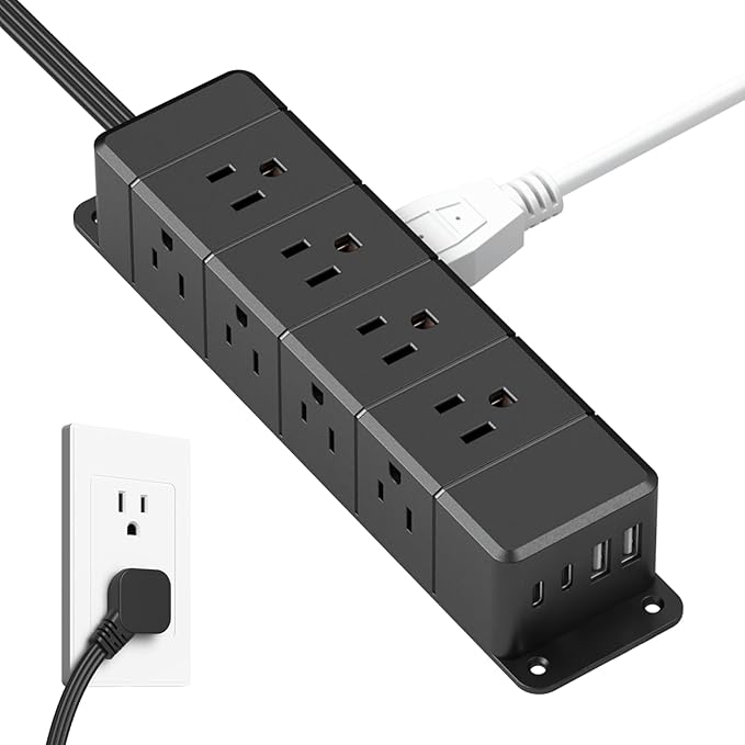 40W Fast Charging Under Desk Power Strip with Switch,12 Outlet Mountable Power Strip with 4 USB,1200J Surge Protection,6FT Flat Extension Cord Black