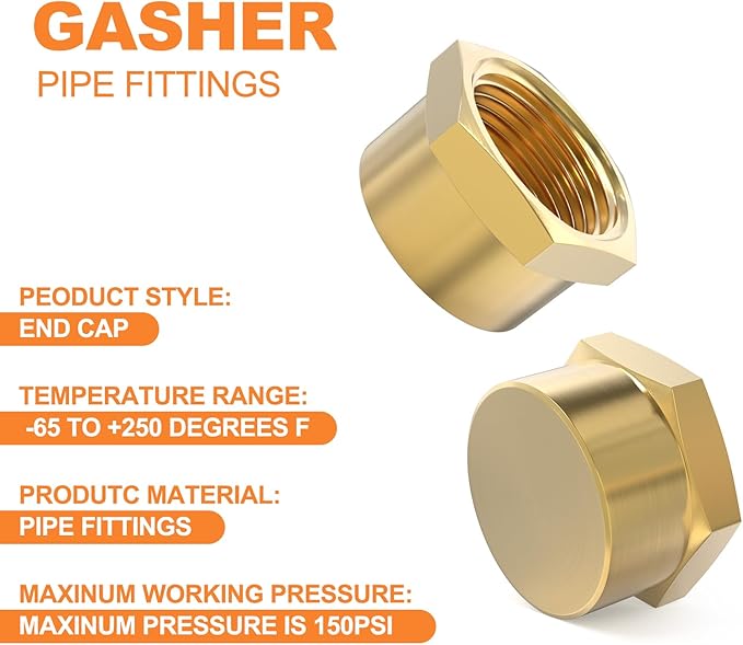 GASHER 3/4"NPT Brass Pipe Cap, NPT Female Thread Socket Pipe End Cap Plugs Fitting 5PCS