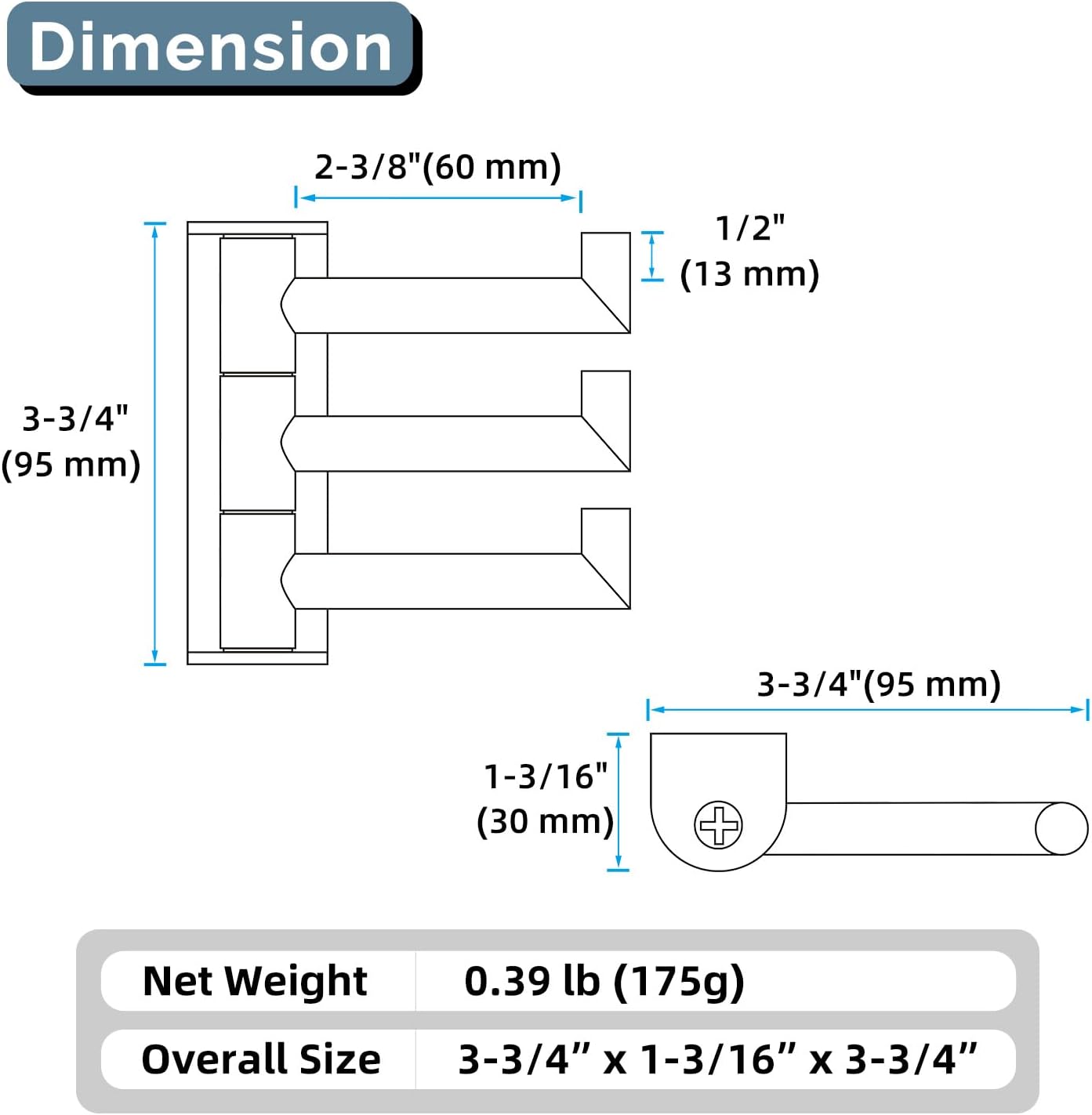 Angle Simple Swivel Towel Hooks for Bathroom, SUS 304 Stainless Steel Foldable 3 Arms Robe Towel Holder, Shower Wall Coat Hooks, Matte Black, 2 Pack