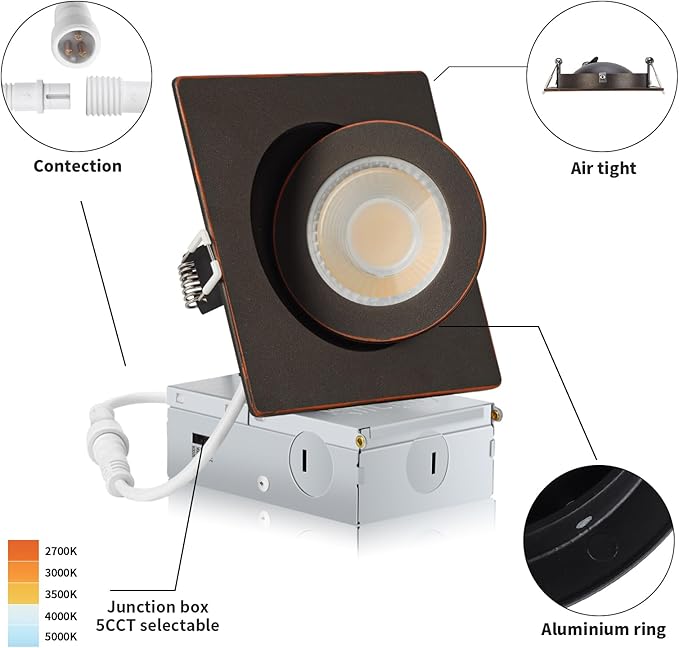 Square Bronze Recessed Lighting 4 Inch 6 Pack, Ajustable Eyeball recessed Light with Junction Box,5 Color Selectable,Airtight,9W 750LM,Dimmable,Bronze