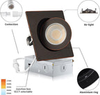 Square Bronze Recessed Lighting 4 Inch 6 Pack, Ajustable Eyeball recessed Light with Junction Box,5 Color Selectable,Airtight,9W 750LM,Dimmable,Bronze