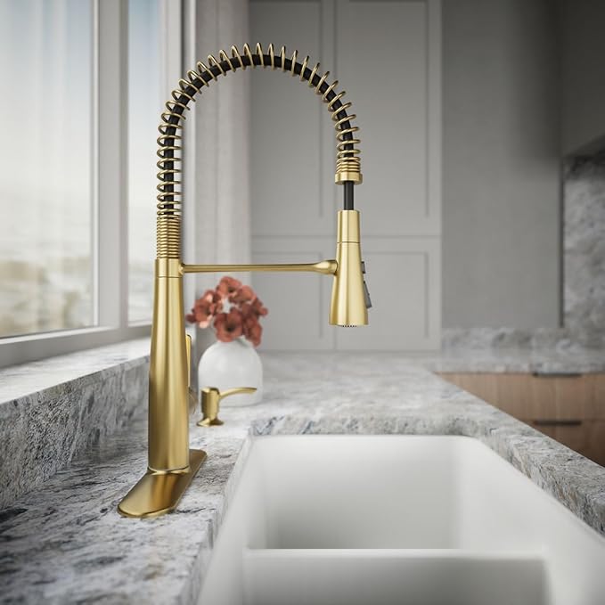 KOHLER K-REC22745-SD-2MB Semi-Professional Kitchen Faucet with Soap Dispenser/Lotion Dispenser, Commercial Kitchen Sink Faucet with Pull-Down Sprayhead, Vibrant Brushed Moderne Brass