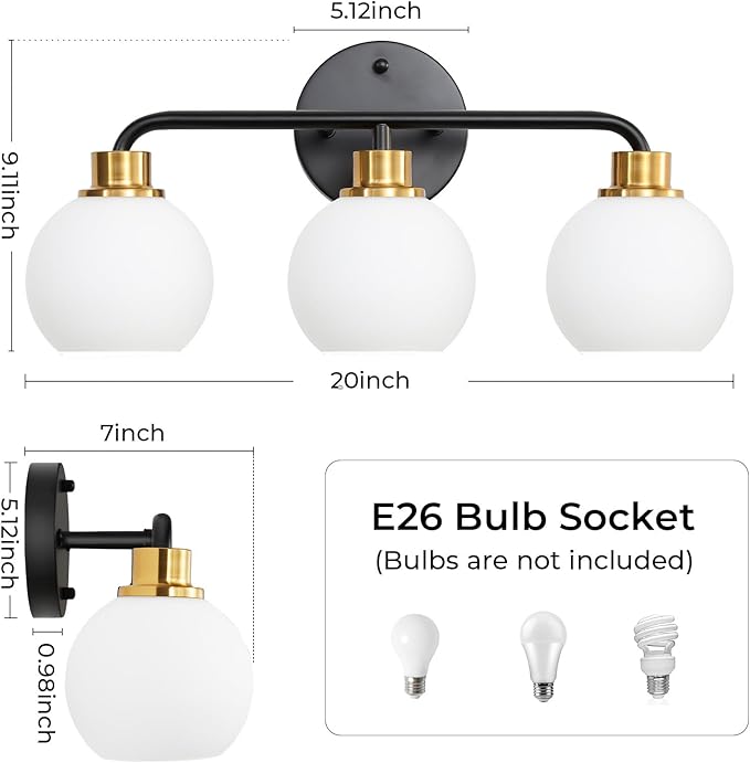 3 Light Bathroom Vanity Light, Black and Gold Bathroom Light Fixtures with Milk Glass Shade Modern Wall Sconces Lighting Bath Wall Lights Lamp for Mirror Kitchen Living Room Bedroom Hallway Cabinet