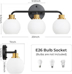 3 Light Bathroom Vanity Light, Black and Gold Bathroom Light Fixtures with Milk Glass Shade Modern Wall Sconces Lighting Bath Wall Lights Lamp for Mirror Kitchen Living Room Bedroom Hallway Cabinet